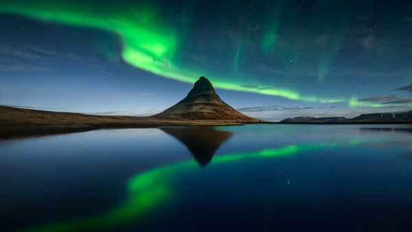 Wallpaper Kirkjufell, Starry, Water, Nature, Sky, Iceland, Borealis, Aurora, Reflection