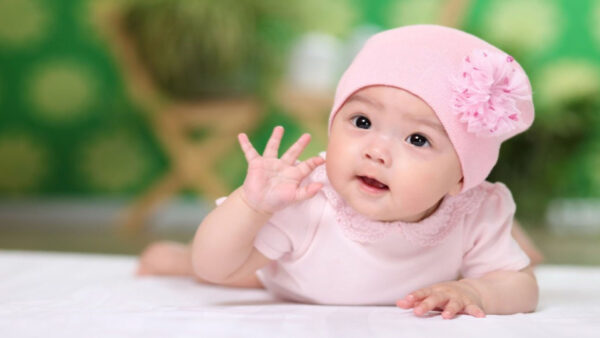 Wallpaper Girl, Light, Dress, And, Pink, Wearing, Cap, Down, Child, Floor, Lying, Baby, Background, Cute, Blur