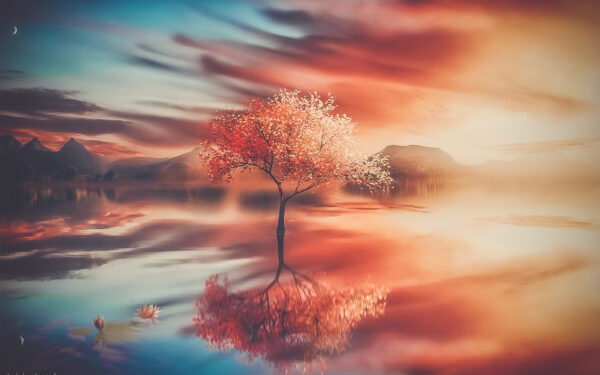 Wallpaper Tree, Reflections, Autumn, Lake, Moon