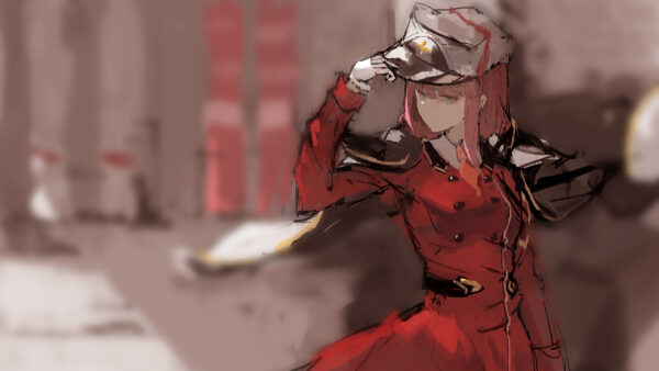 Wallpaper With, The, Dress, Zero, And, FranXX, Red, Anime, Wearing, Background, Brown, Two, Darling, Shallow, Hat