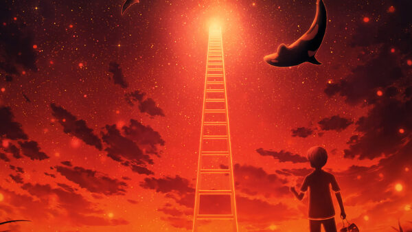 Wallpaper Red, Background, Anime, Sky, Boy, Whale, Ladder, Fantasy