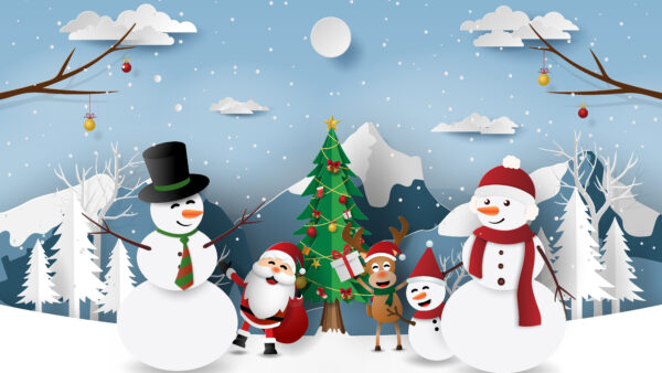 Wallpaper Christmas, Background, Snow, Reindeer, Tree, Claus, Santa, Mountains, Snowmen