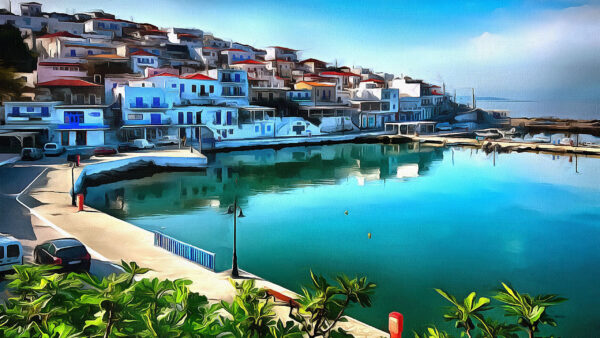 Wallpaper Water, Reflection, Greece, Background, Buildings, Houses, Blue, Sky, Travel
