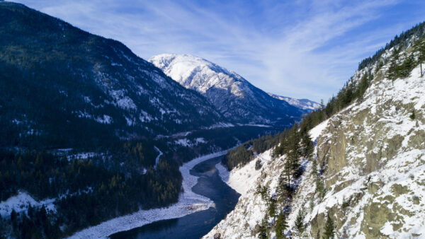 Wallpaper Snow, Trees, With, Greenery, Aerial, Blue, Sky, View, Between, Nature, Mountain, Under, Slope, River, Forest