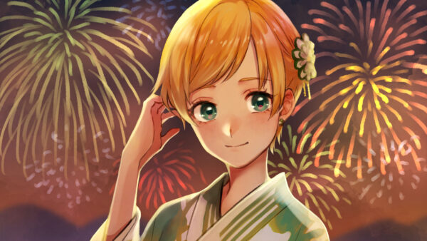 Wallpaper Girl, Kimono, Background, Hair, Yellow, Anime, Fireworks