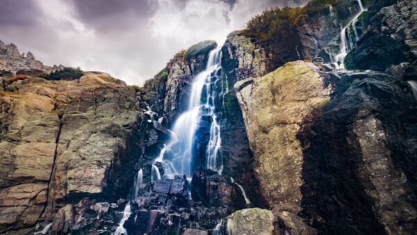 Wallpaper Stones, Nature, Bushes, Trees, Stream, Desktop, Under, Waterfall, From, Rocks, Sky, Mobile