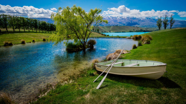 Wallpaper White, Boat, Near, Desktop, Under, Blue, Grass, Landscape, With, Sky, Trees, Nature, Green