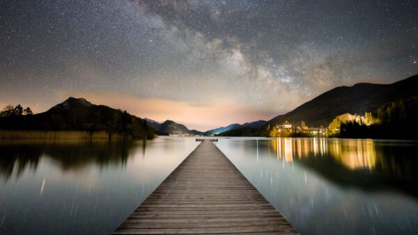 Wallpaper Under, Cloudy, Reflection, Nature, House, Desktop, Mobile, Lake, Starry, Wood, Pier, Sky, Lights, Dock, Mountains, With