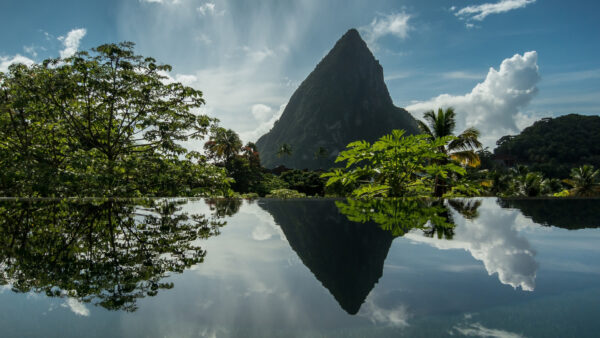 Wallpaper Soufriere, Lucia, Mountain, Reflection, Clouds, Trees, Saint, Nature, Desktop, And, Caribbean, Lake