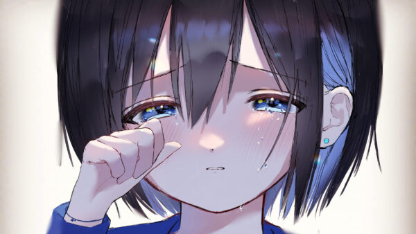 Wallpaper Anime, Black, Girl, Short, Blue, Hair, Tears, Eyes, Earrings