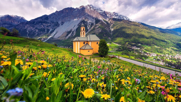 Wallpaper Field, Church, Colorful, Flowers, Background, Mountains, Travel