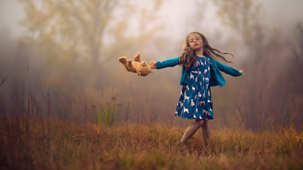 Wallpaper Girl, Cute, Dress, With, Wearing, Grass, Toy, Standing, Blue, Field, Little