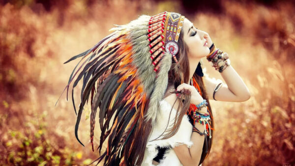 Wallpaper American, Headdress, With, Girl, Native, Feathers, Boho