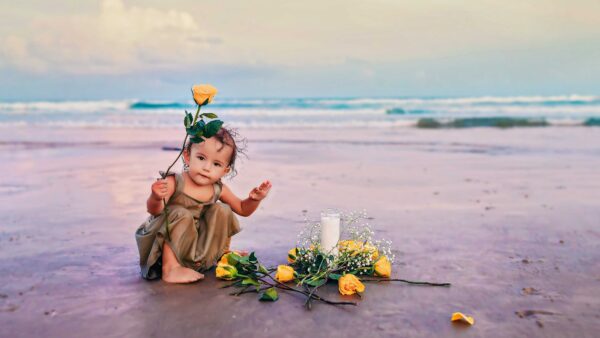 Wallpaper Wearing, Dress, Waves, Ocean, Sand, Brown, Yellow, Desktop, Beach, Girl, Blur, Cute, Toddler, Color, With, Baby, Flowers, Background, Sitting, Mobile