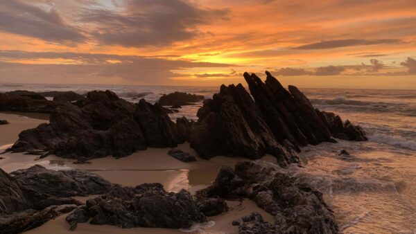 Wallpaper Beach, Desktop, Black, Nature, Sky, Stones, Sunset, Sand, Rocks, Mobile, Under, During, Waves, Blue, Clouds, Ocean