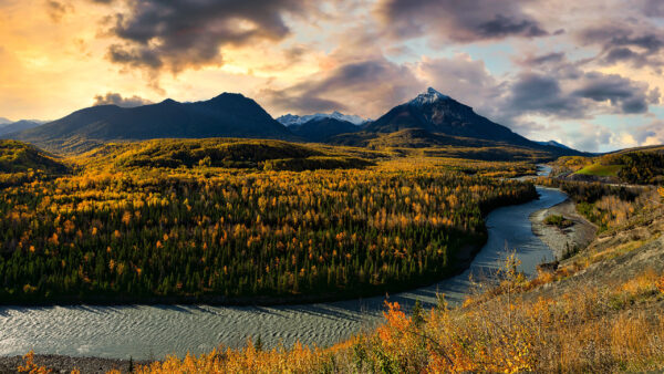 Wallpaper Daytime, During, View, Trees, Beautiful, Green, Sky, Mountains, Landscape, White, Nature, Blue, Clouds, Yellow, River, Under, Autumn, Forest