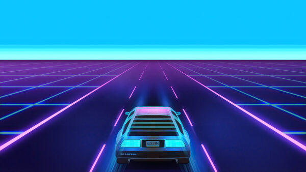 Wallpaper Neon, Car, Sky, Blue, Road, Vaporwave, DeLorean