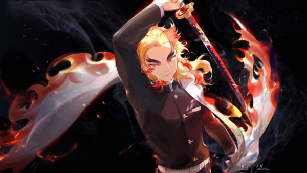 Wallpaper Desktop, Demon, Sword, With, Background, Black, Kyojuro, Anime, Slayer, Rengoku