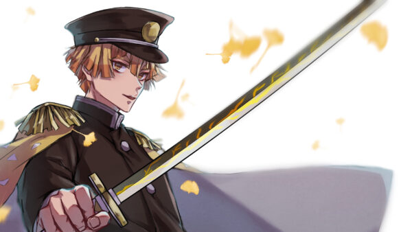 Wallpaper Desktop, And, Background, Sword, Hat, Leaves, Zenitsu, Agatsuma, Demon, White, Anime, Long, With, Wearing, Uniform, Yellow, Slayer