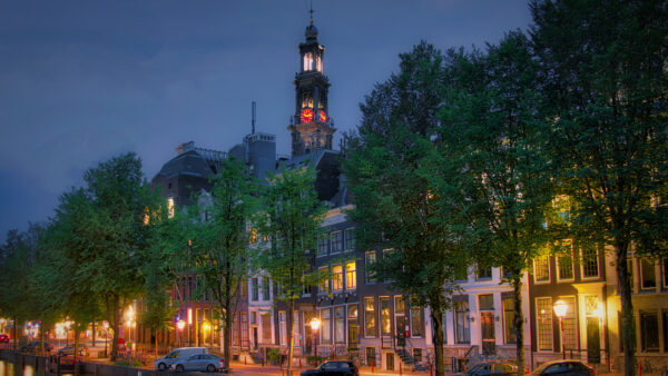 Wallpaper Canal, Clock, And, Evening, City, House, Tower, Travel, Netherlands, Cars, Between, Amsterdam, Mobile, During, Desktop