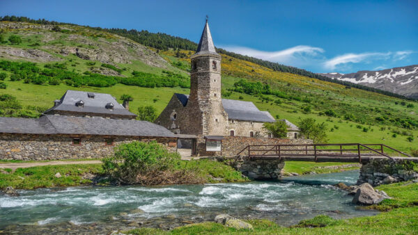 Wallpaper Nature, Church, Bridge, And, Above, View, Mountain, With, Landscape, Slope, Water