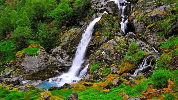 Wallpaper Between, Trees, Waterfalls, Green, Plants, Nature, Bushes, Rocks, From