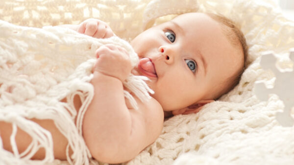 Wallpaper Out, With, Tongue, Cute, Child, Baby, Blue, Eyes, Cloth, Lying, Down, White