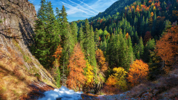 Wallpaper Mobile, Blue, Beautiful, Autumn, Fall, Orange, Yellow, Background, Trees, Stream, Desktop, Mountains, Water, Sky, Green