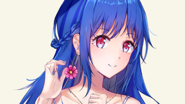 Wallpaper With, Eyes, Girl, Anime, Flower, Blue, Hair, Earring, Pink