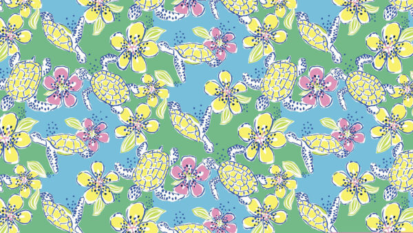 Wallpaper Pink, Yellow, Background, Flowers, Blue, Preppy, Leaves, Tortoise