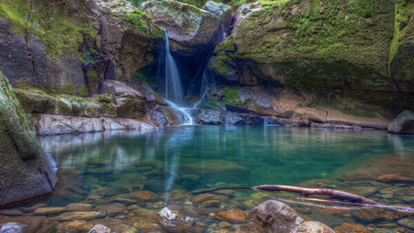 Wallpaper Nature, From, Lake, Pouring, Algae, With, Green, Waterfall, Stones, Covered, Rocks