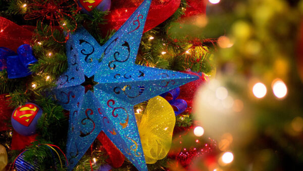 Wallpaper Tress, Star, Background, Decorated, Christmas, Lights, Glitter, Blue, Bokeh