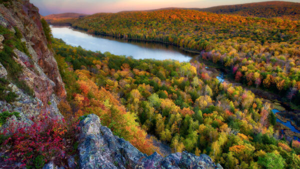 Wallpaper Rocks, Pink, Flowers, Trees, Autumn, Green, River, Red, Mountains, Yellow