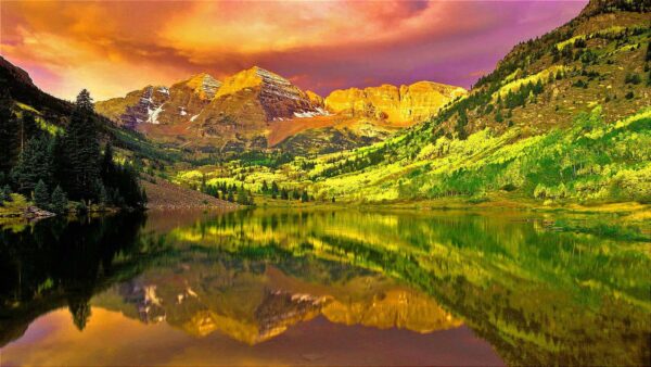 Wallpaper Mountains, Nature, Clouds, Reflection, Under, Black, Green, View, Yellow, Lake, Rock, Sky, Trees, Landscape