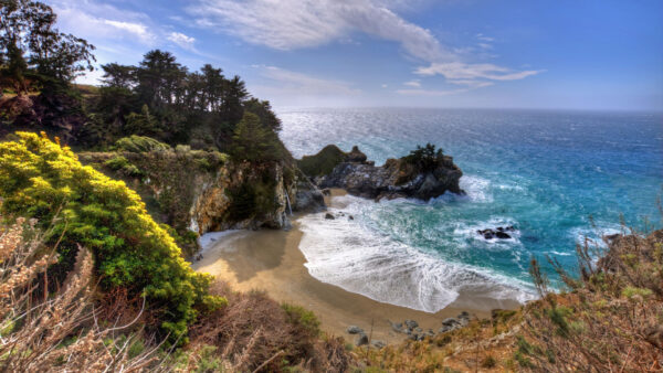 Wallpaper White, Beach, Green, Blue, View, Clouds, Ocean, Waves, Sand, Trees, Under, Rocks, Aerial, Sky