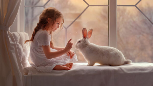 Wallpaper White, Little, Wearing, Girl, Cute, Rabbit, Desktop, Playing, Dress, With