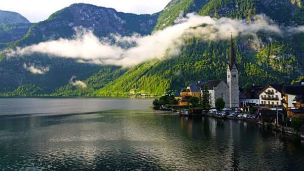 Wallpaper With, Slope, Houses, Beautiful, Mountain, Fog, Buildings, Greenery, Reflection, Trees, Nature, Lake