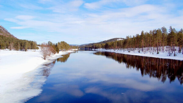 Wallpaper Reflection, Between, Under, Blue, With, Field, Sky, Nature, River, Snow, Water, Trees