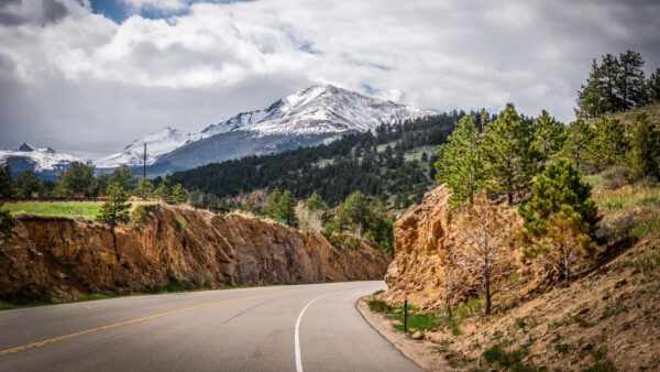 Wallpaper Blue, View, White, Covered, Mobile, Rock, Nature, Trees, Road, Snow, Landscape, Mountains, Desktop, Clouds, And, Sky, Under, Turn, Between