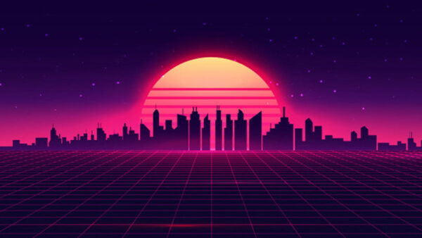 Wallpaper Shadow, Synthwave, Yellow, Buildings, Moon, Pink