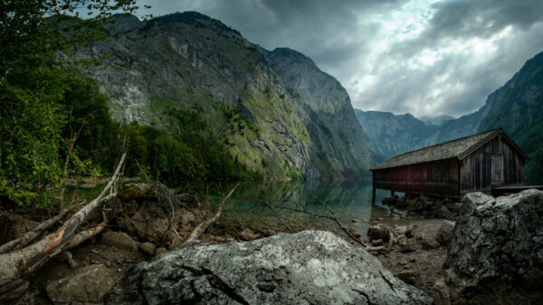 Wallpaper Boathouse, Near, Nature, Mountains, Lake, Under, Desktop, Germany, Clouds, Around