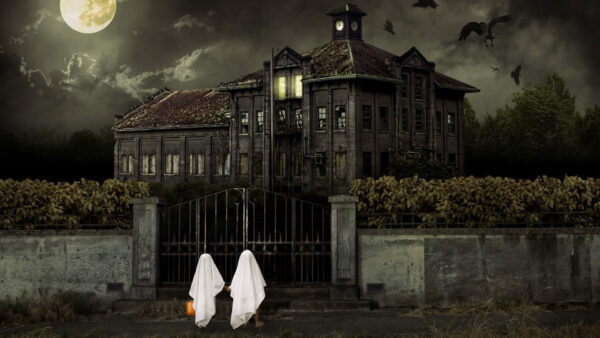 Wallpaper With, Haunted, Standing, Desktop, Movies, Front, Mansion, Cloth, Covered, Two, White, Gate, Boys