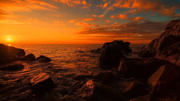 Wallpaper Sky, Ocean, Clouds, Yellow, During, Blue, Under, Rocks, Stones, Sunset