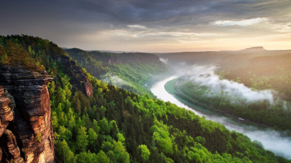 Wallpaper Trees, Aerial, Nature, Rock, Forest, View, Mountains, River, Between, Foggy, Green