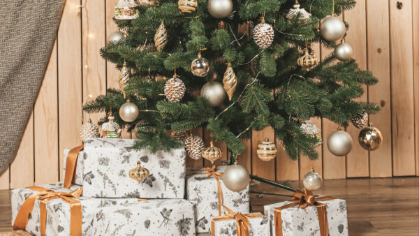 Wallpaper Gift, Boxes, Decoration, Ornaments, Christmas, Balls, Tree, Golden
