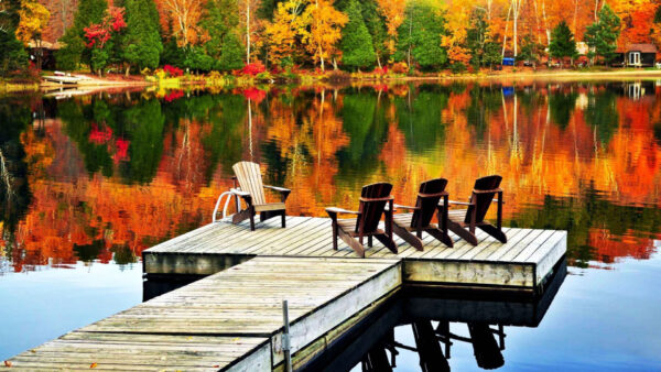 Wallpaper Water, Deck, View, Landscape, Reflection, Chairs, Green, Autumn, Wood, River, Trees, And, Orange, Above, Red, Yellow, Desktop