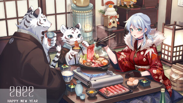 Wallpaper Tiger, New, Meal, Year, Girl, Anime, Happy