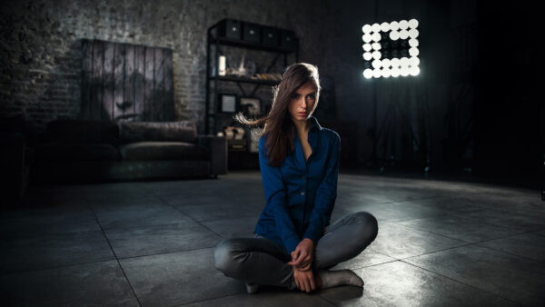 Wallpaper Victoria, Grey, Wearing, Sitting, Girl, Blue, Vishnevetskaya, Shirt, Floor, Girls, Pant, Model, And