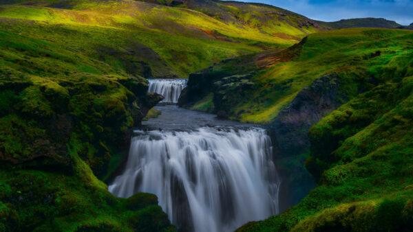 Wallpaper Covered, Background, Algae, Nature, Stones, Stream, Waterfall, Rocks, Beautiful, Blue, Slope, Mobile, Desktop, Mountain, Sky