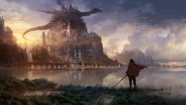 Wallpaper Water, Dreamy, Desktop, Castle, Top, Fantasy, Sitting, Near, Dragon, Body